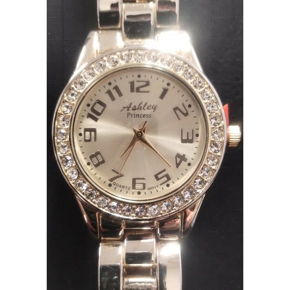 ASHLEY PRINCESS WOMEN'S WATCH CRYSTAL BEZEL GOLD TONE 38mm CASE WITH GOLD BAND